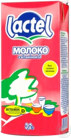 Молоко Лактель ультрапастеризованное с витамином Д 3.2% 1л Украина
