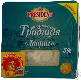 Продукт сирний кисломолочний 5% President Творожна Трад.ст.450г