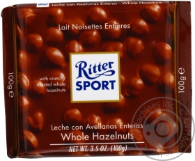 Шоколад молочный Риттер Спорт с целыми лесными орехами плиточный 100г Германия