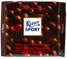 Шоколад черный Риттер Спорт с целыми лесными орехами плиточный 100г Германия