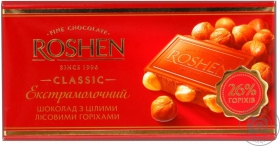 Шоколад экстрамолочный Рошен Классик с целыми лесными орехами 100г плиточный Украина