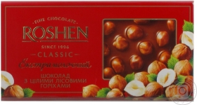 Шоколад экстрамолочный Рошен Классик с целыми лесными орехами 100г плиточный Украина