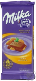 Шоколад молочный Милка с целым миндалем и с добавлением альпийского молока 95г плиточный Украина