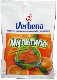 Льодяники Verbena Мультіпо з апельсиновою начинкою та вітамінами 60г