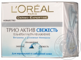 Гель-крем для нормальної та комбінованої шкіри L&#39;oreal зволоження та свіжість Dermo Expertise Тріо Актив.50мл