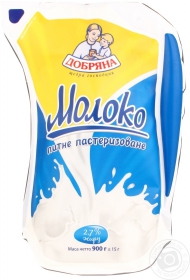 Молоко Добряна пастеризованное 2.7% 900г полиэтиленовый пакет Украина