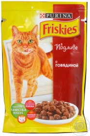 Корм Friskies  з Яловичиною. Шматочки у підливці. Консервований повнораціонний корм для дорослих котів 100г