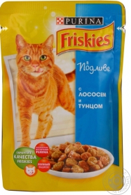 Корм Friskies з Лососем та Тунцем. Шматочки у підливці. Консервований повнораціонний корм для котів 100г