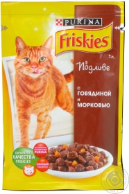 Корм Friskies з Яловичиною та Морквою. Шматочки у підливці. Консервований повнораціонний корм для котів 100г