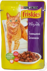 Корм Friskies з Яловичиною та Ягням. Шматочки у підливці. Косервований повнораціонний корм для котів 100г