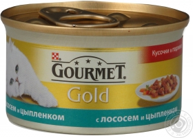 Консерва для котів Gourmet Gold Курка,лосось шматочки у підливі 85г